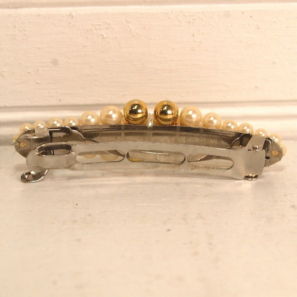 Vintage hair Barrette beaded pearl ivory‎ gold Flower